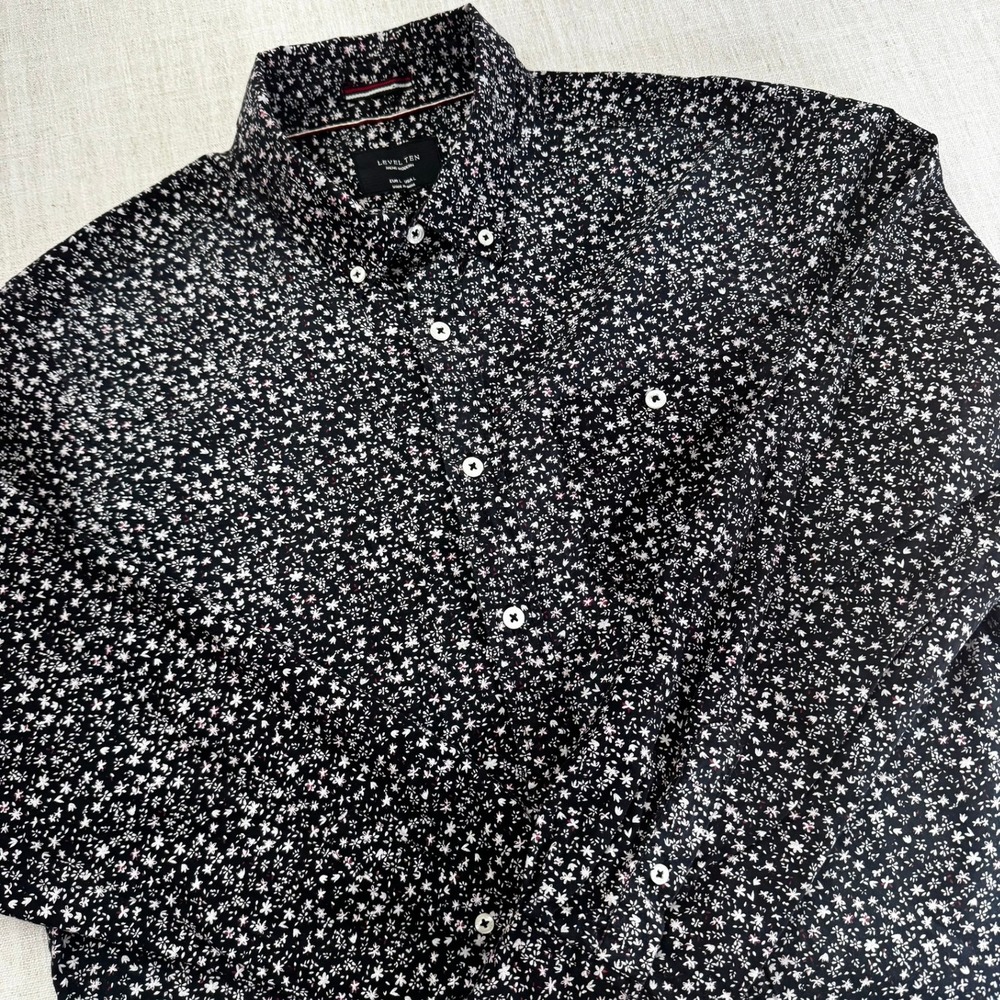 Level Ten Mens Modern‎ Black Floral Button Down Shirt Large 100% Cotton